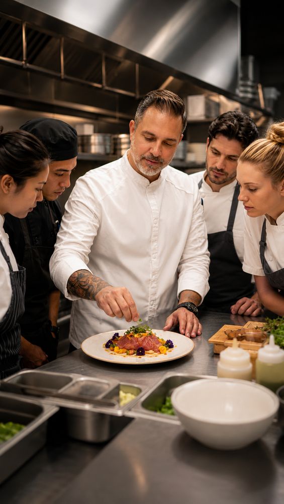 Executive chef plating alongside the kitchen team