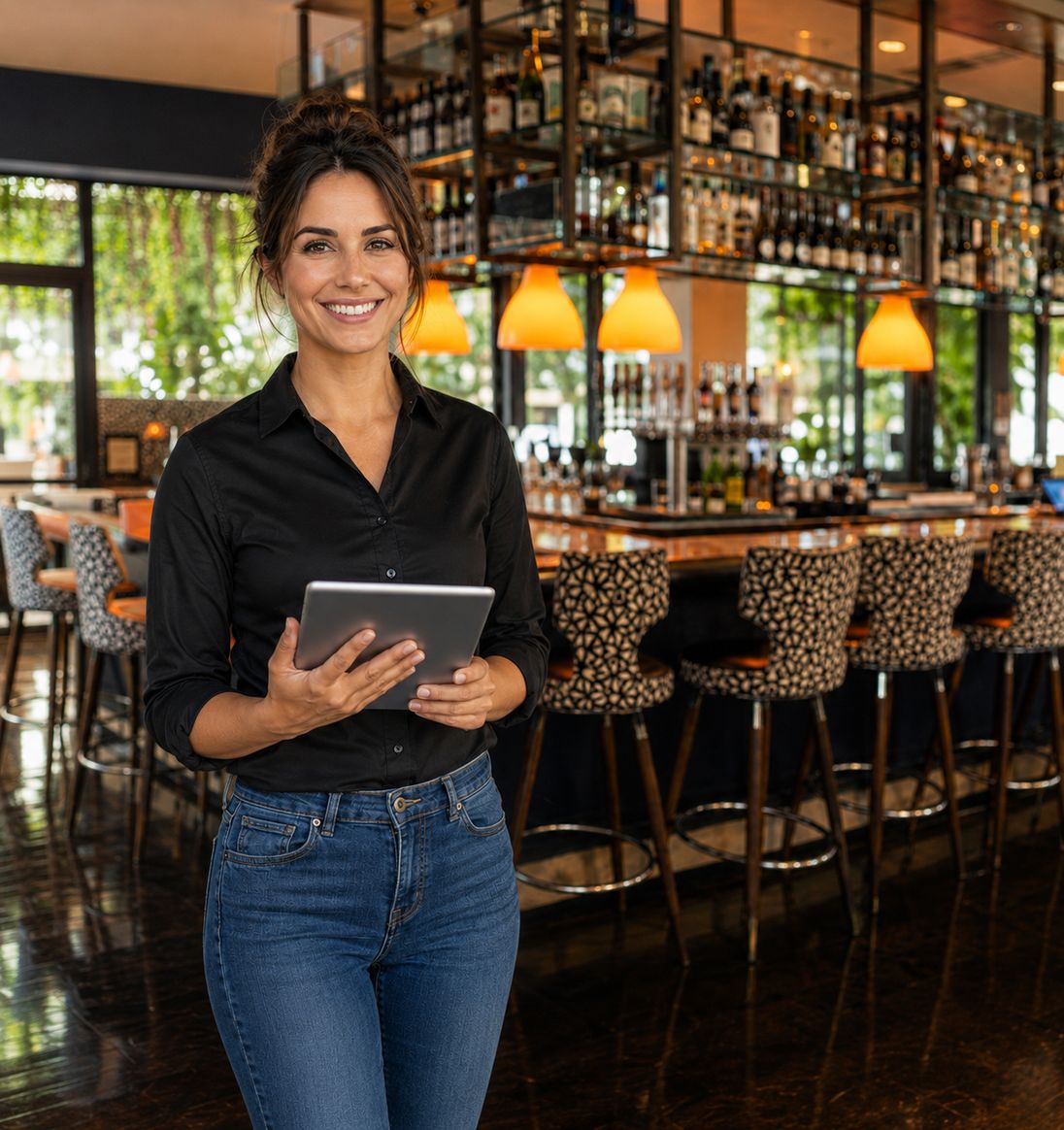 Restaurant manager with a tablet in front of the bar