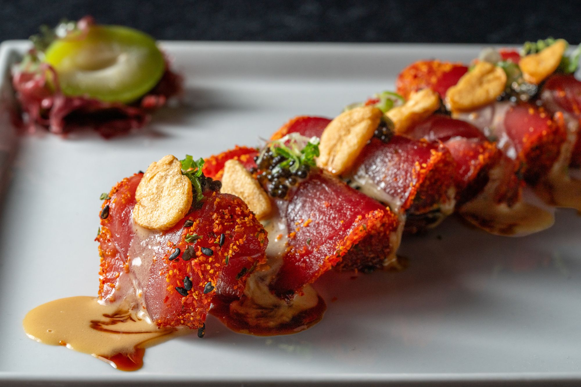 Seared tuna dish plated for a menu photo shoot